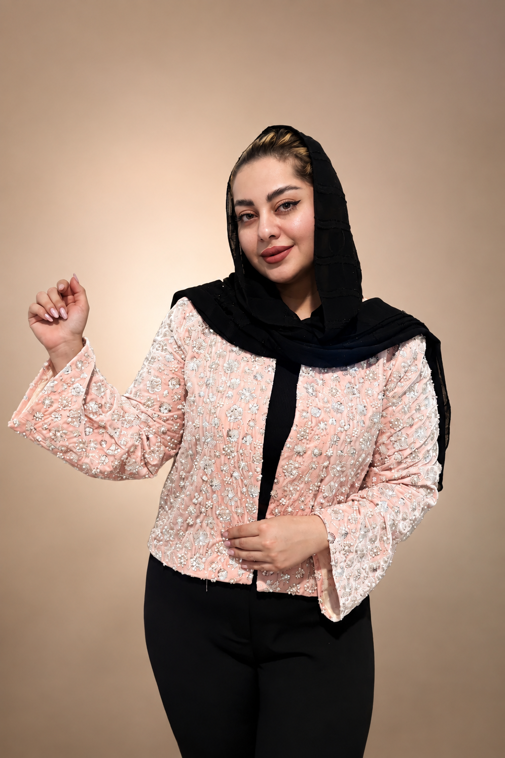 کت مخمل سنگ دوزی شده گلبهی